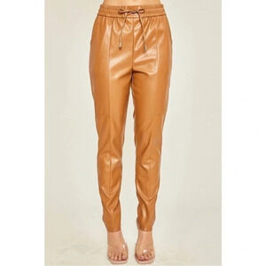 Love Tree Vegan Leather Brown Pants Elastic Wasitband